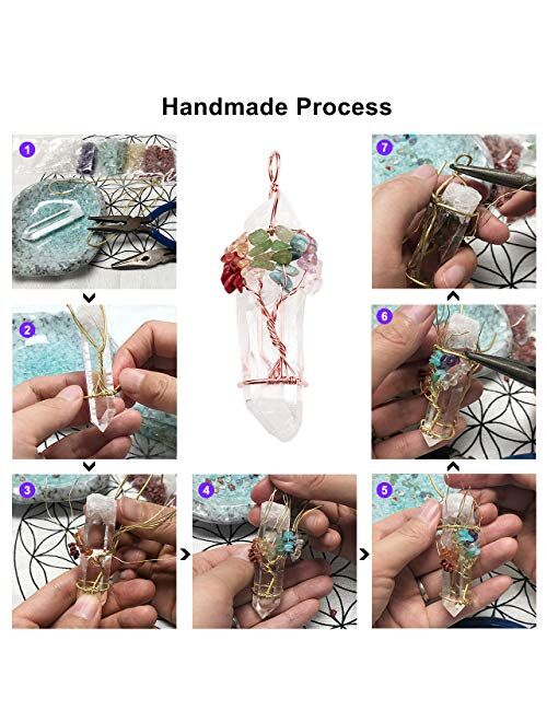 JOVIVI Chakra Gemstone Tree of Life Wire Wrapped Natural Clear Quartz Healing Crystal Handmade Pendant Necklace Mother's Day Gift