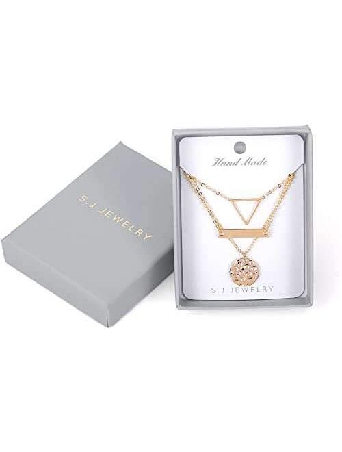 S.J JEWELRY Womens Simple Delicate Full Moon 14K Gold Plated/Rose Gold/Silver Plated Layered Pendant Handmade Star Chokers Necklaces