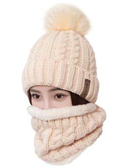 LCZTN Womens Pom Beanie Hat Scarf Set Girls Cute Winter Ski Hat Slouchy Knit Skull Cap with Fleece Lined