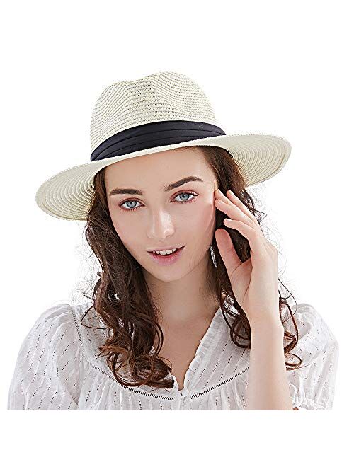 Anycosy Panama Straw Hats,Womens Sun Hat Summer Wide Brim Floppy Fedora Beach Cap UPF50+
