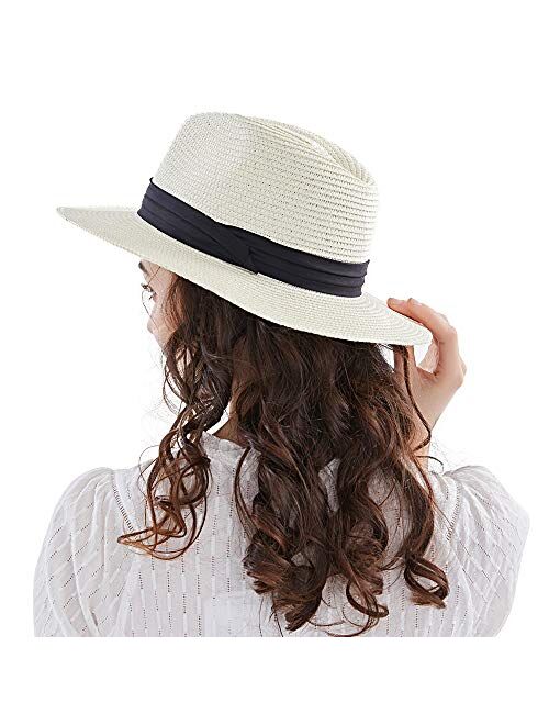 Anycosy Panama Straw Hats,Womens Sun Hat Summer Wide Brim Floppy Fedora Beach Cap UPF50+