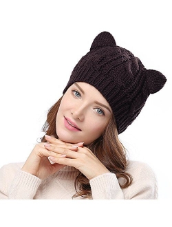 Cocobla Women's Hat Cat Ear Crochet Braided Knit Caps with Punk 3D Cat Stud Earring