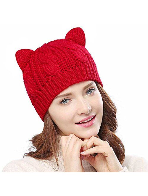 Cocobla Women's Hat Cat Ear Crochet Braided Knit Caps with Punk 3D Cat Stud Earring