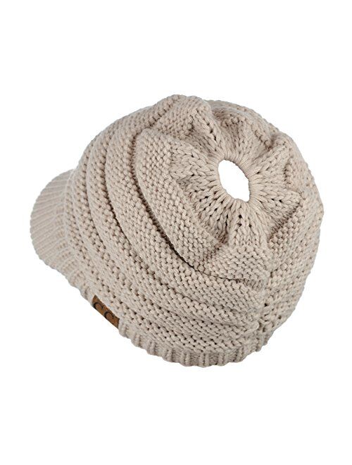 C.C BeanieTail Warm Knit Messy High Bun Ponytail Visor Beanie Cap