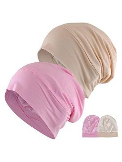 Satin Lined Sleep Cap, 2-Pack Womens Adjustable Silk Lined Slouchy Beanie Hat for Night Sleeping Surgical Patients Hair Care