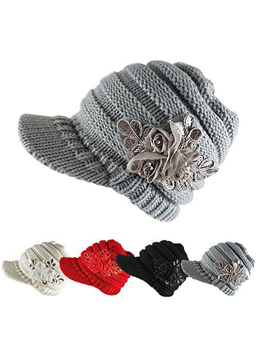 NYKKOLA Women Cable Knit Winter Warm Beanie Hats Newsboy Cap Visor with Sequined Flower