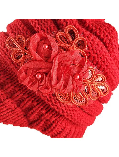 NYKKOLA Women Cable Knit Winter Warm Beanie Hats Newsboy Cap Visor with Sequined Flower