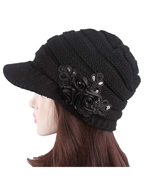 YSense Womens Hats Winter Beanie with Brim Warm Cable Knit Newsboy Cap Visor with Sequined Flower