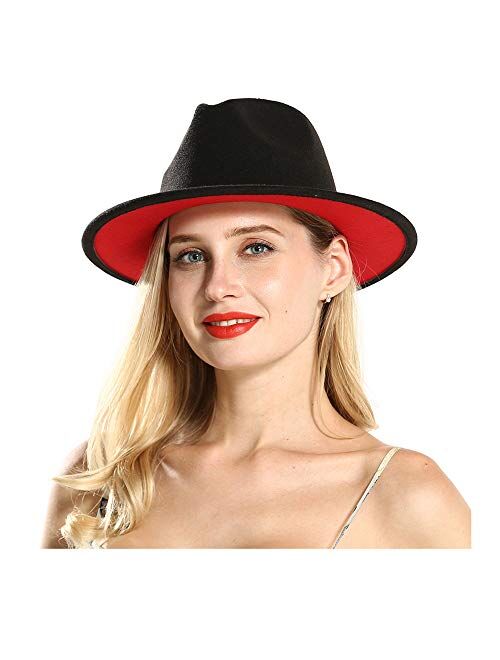 XINBONG Mens & Womens Black and Red Wide Brim Fedora Hat with Belt Buckle Band Two Tone Felt Panama Hat