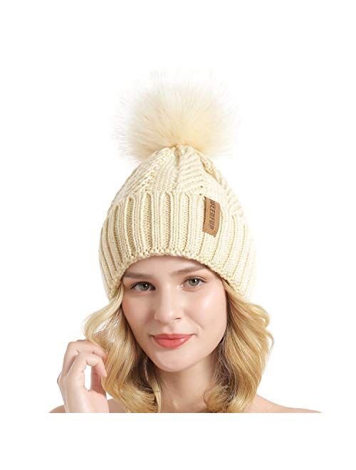 QUEENFUR Women Winter Knit Cable Hat Chunky Snow Cuff Cap with Faux Fur Pom Pom Beanie Hats