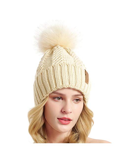 QUEENFUR Women Winter Knit Cable Hat Chunky Snow Cuff Cap with Faux Fur Pom Pom Beanie Hats
