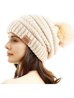REDESS Women Winter Pom Pom Beanie Hat with Warm Fleece Lined, Thick Slouchy Snow Knit Chunky Baggy Skull Ski Cap (Beige)
