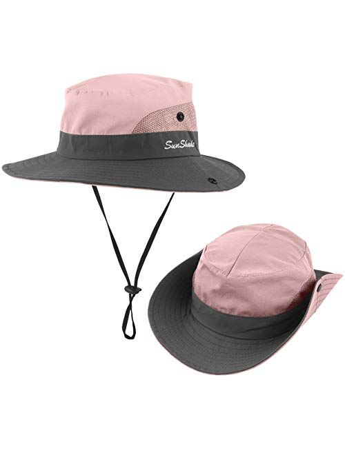 2 Pieces Womens Ponytail UV Protection Sun Hat Packable Wide Brim Boonie Cap for Fishing Hiking