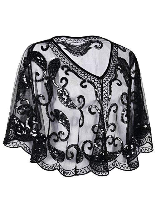PrettyGuide Women's Evening Cape Sequin Deco Paisley 1920s Shawl Flapper Cover up