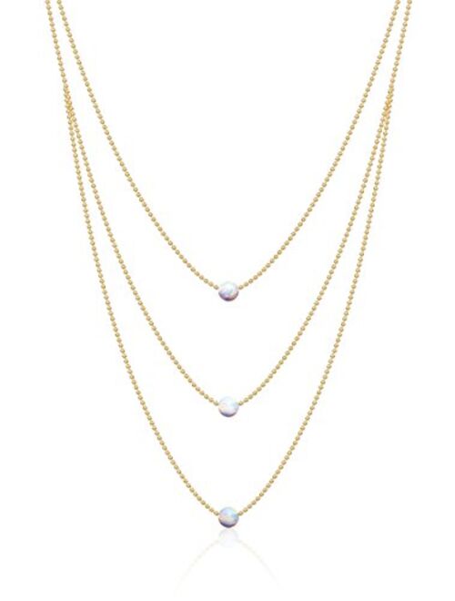 Opal Layered Gold Necklaces For Women | 14k Gold Dipped Ball Chain, 3 Tiered White Fire Opal, Gold Necklace | Dainty Opal Necklaces For Women | Celebrity Approved Opal Je