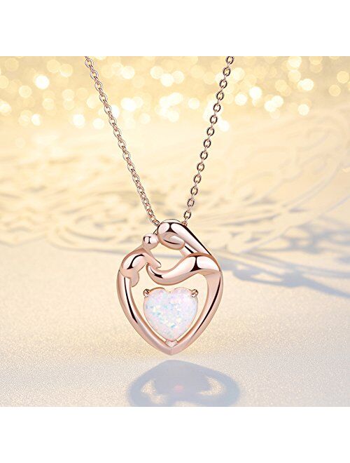 MEGACHIC Women Mother Child Rose Gold Created White Opal Heart Pendant Necklace