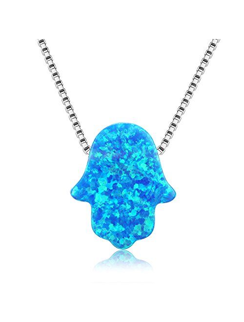 Kaletine Hamsa Hand Pendant Necklace Sterling Silver Created Fire Opal Adjustable Cable Box Chain in 16"-18"