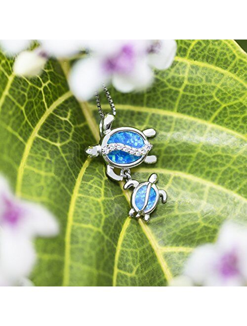 Honolulu Jewelry Company Sterling Silver Mom and Baby Turtle CZ Necklace Pendant with Simulated Blue Opal and 18" Box Chain