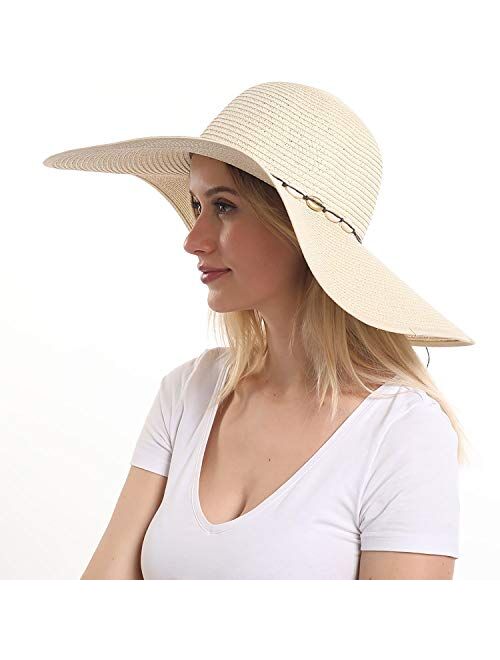 Womens Wide Brim Straw Hat Floppy Foldable Roll up Cap Beach Sun Hat UPF 50+