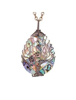 sedmart Tear Drop Abalone Shell Pendent Necklace Wire Wrap Abalone Shell Tree of Life Pendant Necklace Fashion Necklace Jewelry for Women Handmade Necklace Mothers Day Ne