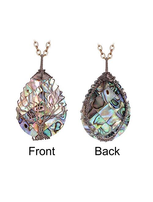 sedmart Tear Drop Abalone Shell Pendent Necklace Wire Wrap Abalone Shell Tree of Life Pendant Necklace Fashion Necklace Jewelry for Women Handmade Necklace Mothers Day Ne