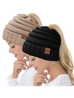 ZOORON Ponytail Beanie Hat for Women, High Messy Warm Stretch Cable Knit Winter Ponytail Beanie Skull Cap