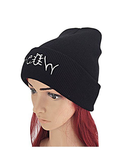 Beurio Slouchy Beanie Winter Knit Skull Hat for Women Men with Meow