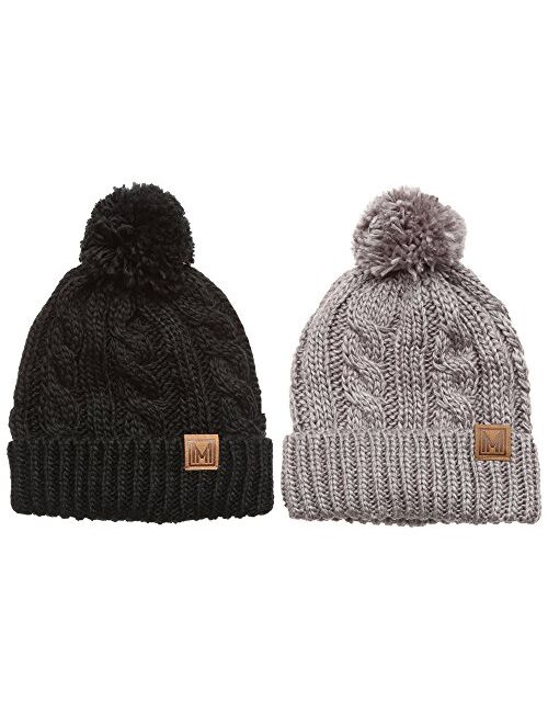 MIRMARU Winter Oversized Cable Knitted Pom Pom Beanie Hat with Fleece Lining.