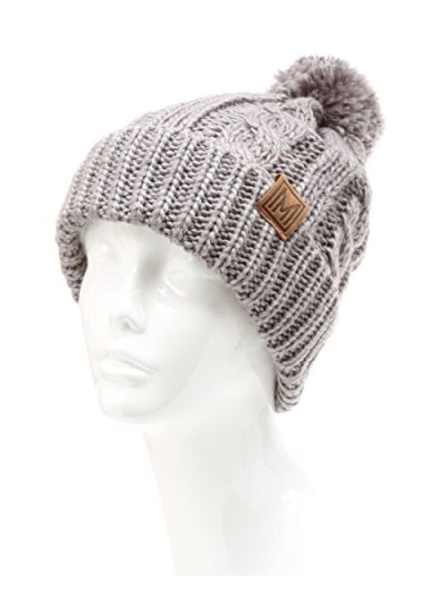 MIRMARU Winter Oversized Cable Knitted Pom Pom Beanie Hat with Fleece Lining.
