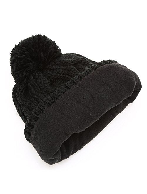 MIRMARU Winter Oversized Cable Knitted Pom Pom Beanie Hat with Fleece Lining.