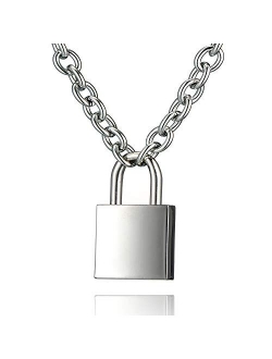 DIBOLA Padlock Necklace Stainless Steel Lock Chain for Men Women Silver 18-24 inch