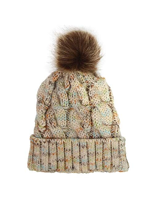 Modern Mummy Women Winter Stretch Cable Knit Beanie Faux Fur Pom Pom Hats Ponytail Beanie Cap