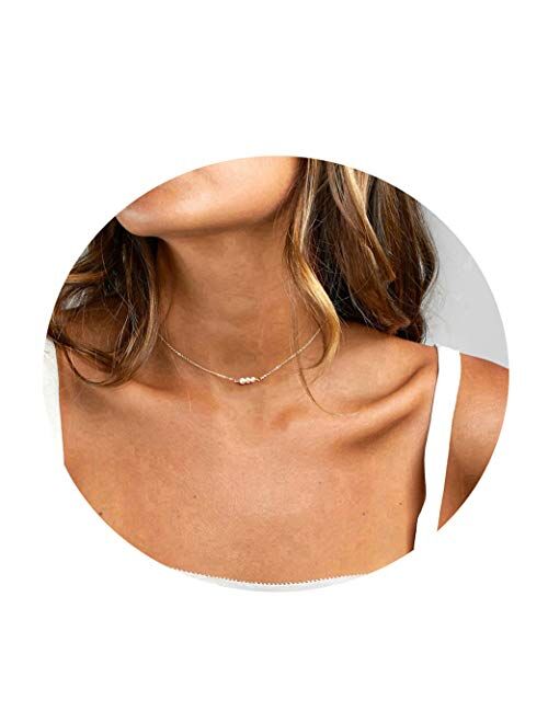 Befettly Mini Pearls Choker Necklace Bar Star Shell Turquoise Necklace Pendant Delicate Handmade 14k Gold Fill Choker