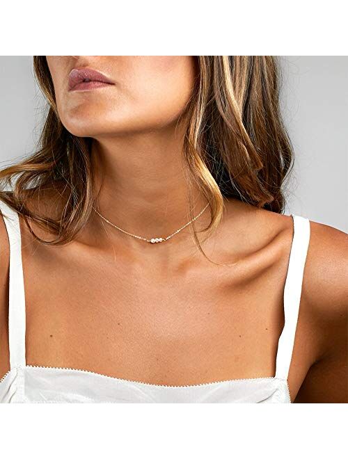 Befettly Mini Pearls Choker Necklace Bar Star Shell Turquoise Necklace Pendant Delicate Handmade 14k Gold Fill Choker