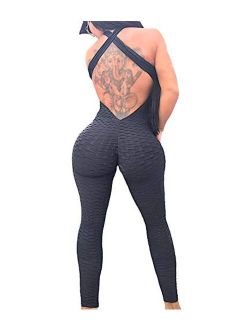 STARBILD Womens Butt Lifting Yoga Jumpsuit Backless Sport Bandage Romper Playsuit Sleeveless Textured Gym Bodysuit