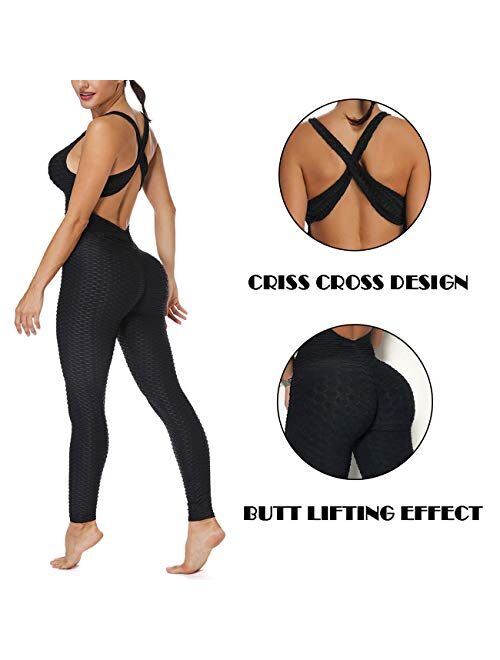 STARBILD Womens Butt Lifting Yoga Jumpsuit Backless Sport Bandage Romper Playsuit Sleeveless Textured Gym Bodysuit