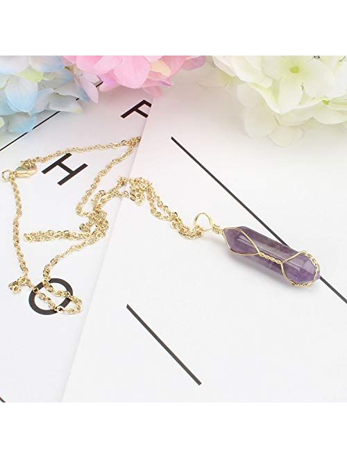 BOUTIQUELOVIN Hexagonal Natural Quartz Stone Pendant Healing Crystal Full Wire Wrap Gemstone Necklace for Women