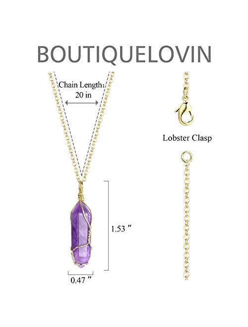 BOUTIQUELOVIN Hexagonal Natural Quartz Stone Pendant Healing Crystal Full Wire Wrap Gemstone Necklace for Women