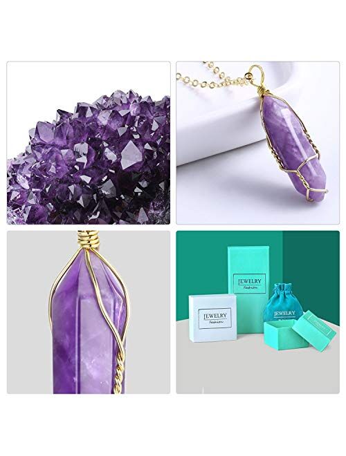 BOUTIQUELOVIN Hexagonal Natural Quartz Stone Pendant Healing Crystal Full Wire Wrap Gemstone Necklace for Women
