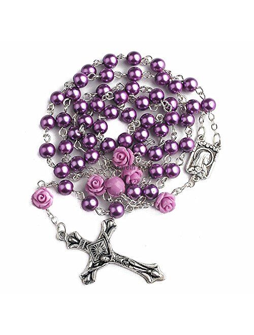 Nazareth Store Catholic Purple Pearl Beads Rosary Necklace 6pcs Our Rose Lourdes Medal & Cross NS