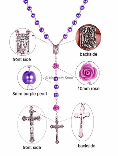 Nazareth Store Catholic Purple Pearl Beads Rosary Necklace 6pcs Our Rose Lourdes Medal & Cross NS