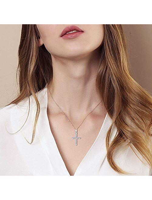 Carleen White Gold Plated 925 Sterling Silver Lab Created Colorstone Birthstone Crucifix Cross Prong Pendant Necklace Faithful Gift Ideas for Her, 16" + 2" Extender