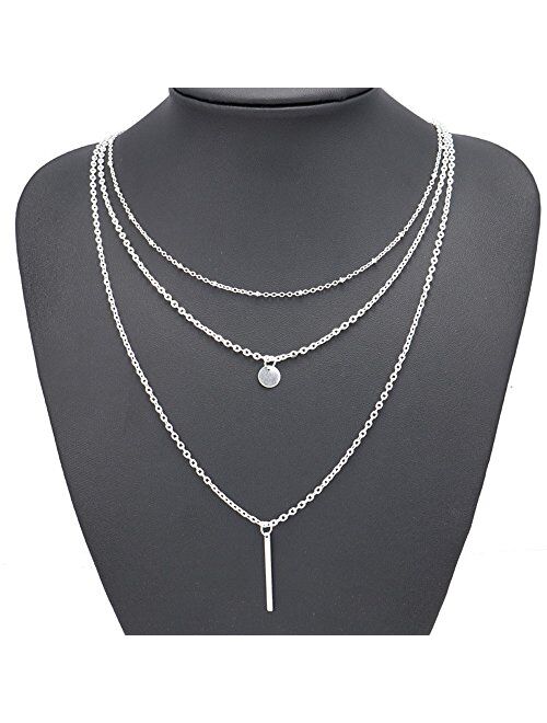 FXmimior Multilayer Necklace 3 Tier Pendant Long Chain Women Accessories(silver)
