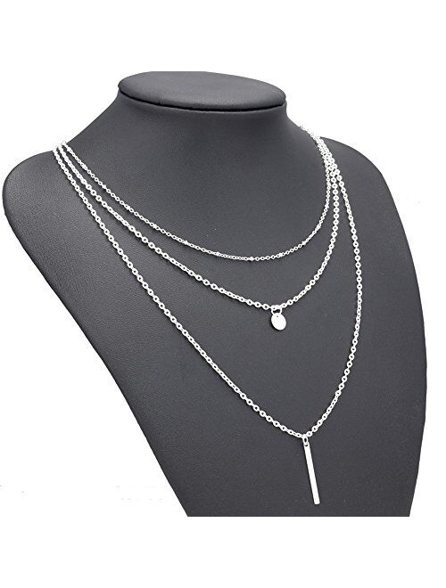 FXmimior Multilayer Necklace 3 Tier Pendant Long Chain Women Accessories(silver)