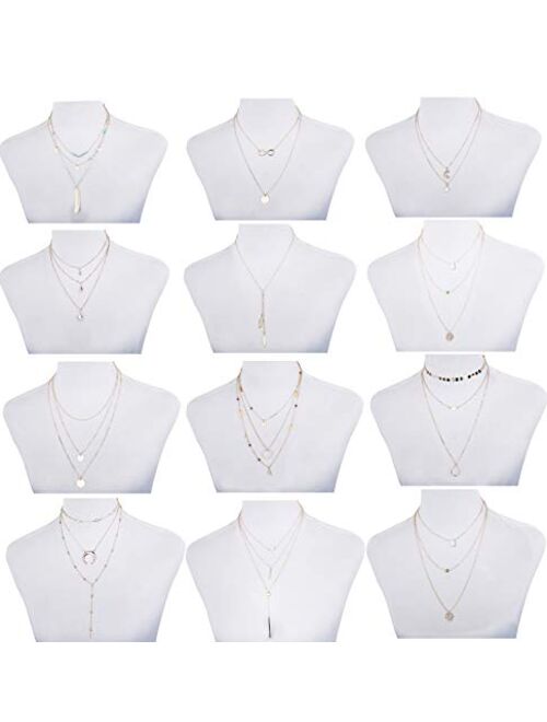 Finrezio 12 PCS Gold & Silver Tone Layered Necklace for Women Girls Sexy Long Choker Chain Y Necklace Bar Feather Pendent Necklace Sets