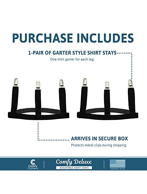 Garter Style Shirt Stays - Adjustable Elastic Shirt Garters with Locking, Non-Slip Clips (1 Pair - Black)