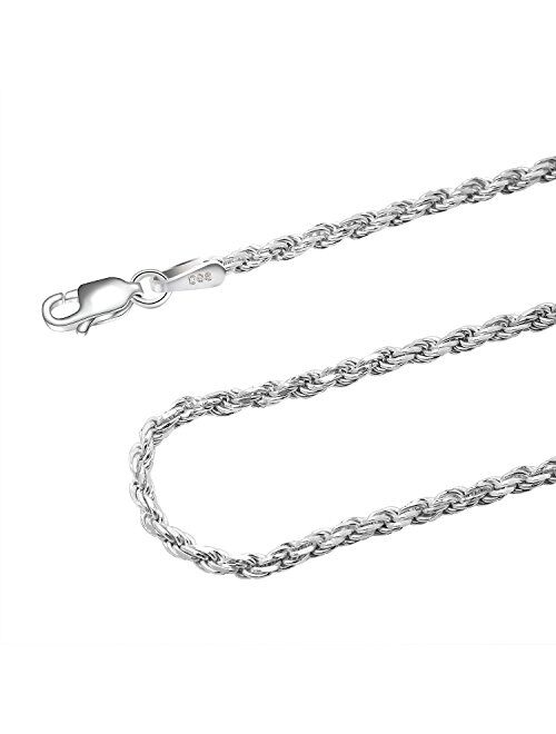 925 Sterling Silver 2MM Diamond Cut Rope Chain Necklace for Women & Girls Upgraded Lobster Claw Clasp Made in Italy 16 18 20 22 24 30 and 36 Inch