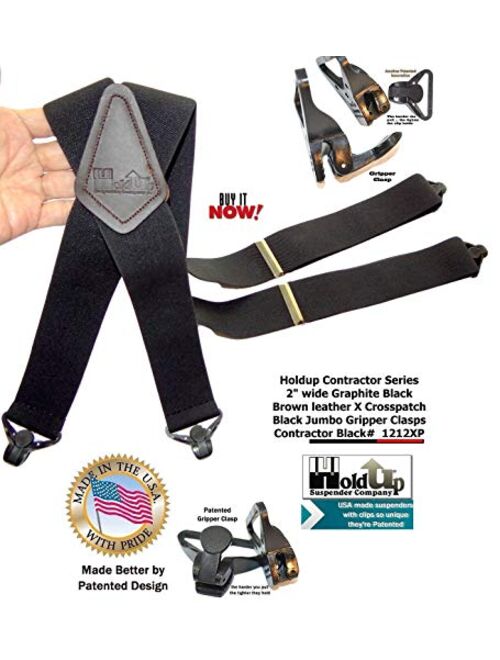 Holdup X-back Heavy Duty 2" Wide Graphite Black Suspenders with Patented jumbo Gripper Clasps