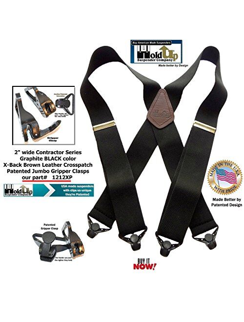 Holdup X-back Heavy Duty 2" Wide Graphite Black Suspenders with Patented jumbo Gripper Clasps