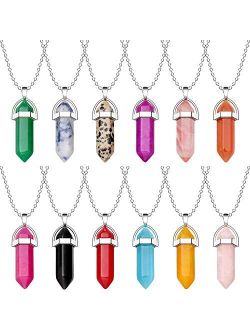 12 Pieces Hexagonal Chakra Crystal Bullet Shape Gemstone Pendant Necklaces Pointed Quartz Stone Chain Necklaces Artificial Stone with Storage Bag